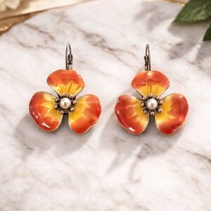 Orange Enamel Flower Drop Earrings Pearl Center Floral Statement